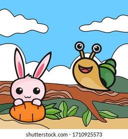 Ilustración vectorial del caracol y 
caricatura de conejo, en el bosque