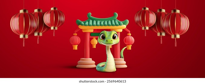 Vector illustration of a cute snake with Chinese lanterns and a traditional pagoda on a red background. Perfect for Lunar New Year, cultural celebrations, or festive decorations. New year 2025