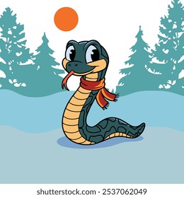 A vector illustration of a cute snake with a red scarf. The snake is standing on its hind legs. The background is a snowy landscape with trees.