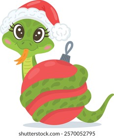 Vector illustration of a cute snake in a Santa hat, bright colors. A snake in a Santa hat and a Christmas toy. The symbol of the year 2025.