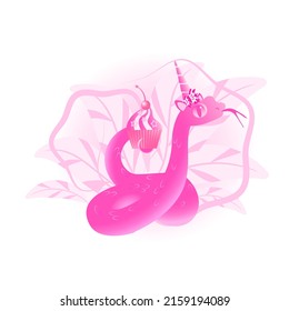 Vector illustration. Cute snake with a unicorn crown. Cake.