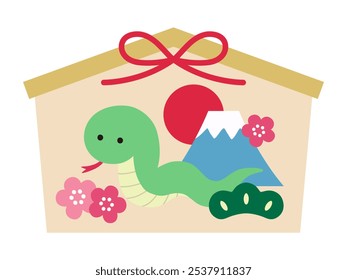 Vector illustration of a cute snake and a votive plaque. Year of the snake, zodiac sign, New Year's decorations, New Year's cards