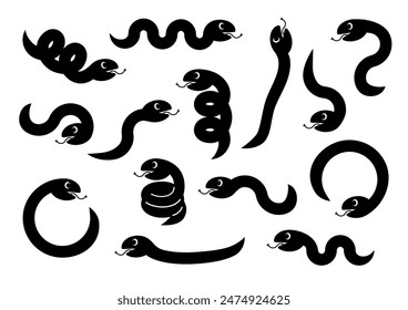 Vector illustration of cute snakes. Snakes in different poses. Black silhouettes on a white background.