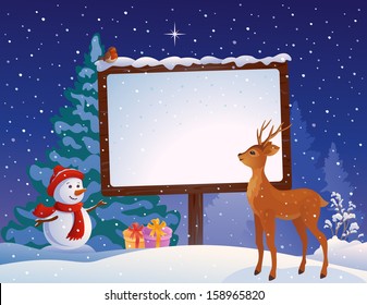 Vector illustration of a cute snow man and a snowy blank poster with copy space