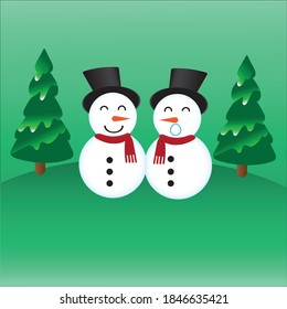 Ilustración vectorial de un lindo hombre de nieve decorando un árbol de navidad en un fondo.