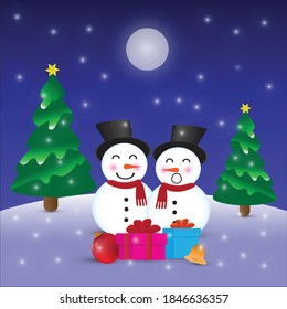 Vector illustration of  cute snow man decorating a xmas tree  on a park background.