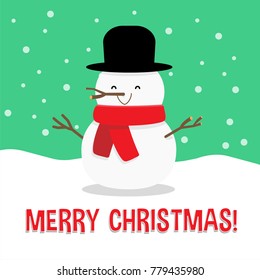 Vector Illustration Of A Cute Snow Man, With A Merry Christmas Text Sign