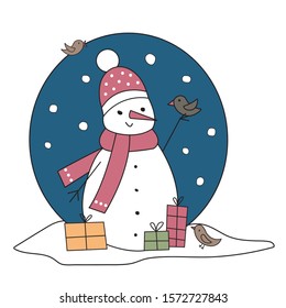 Vector illustration with cute snowman, birds and gifts. Hand-drawn style. Christmas feeling.