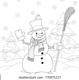 
Vector illustration of a cute snowman with a broom and a hat, a sparrow sits on a hat, a coloring book.