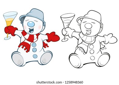 Vector Illustration of a Cute Snowman Cartoon Character. Coloring Book