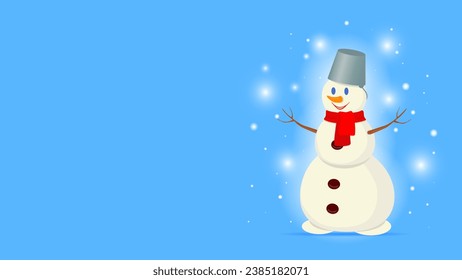 Vector illustration. Cute snowman in cartoon style. Christmas background. Postcard, banner template.