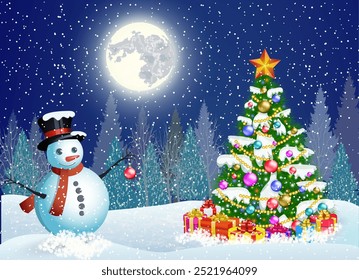 Vector illustration of a cute snowman decorating a Christmas tree. concept for greeting or postal card. New year and Christmas winter landscape background