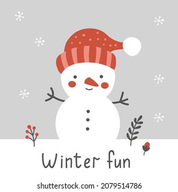 ilustración vectorial, muñeco de nieve lindo en un sombrero y texto con letras de mano divertidas en invierno