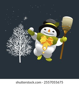 Vector illustration of cute snowman holding snowball and broom with hat and scarf for new year holiday advertising concept