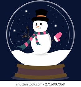 Vektorgrafik eines süßen Schneemanns in einer transparenten Kristallkugel. Winterferienkonzept mit Schnee, magischer Atmosphäre und festlicher Saisonstimmung. Perfekt für Weihnachten, Neujahrsdesigns, Grußkarten, Poster, Einladungen, Social-Media-Grafiken und Dekorationen zum Thema Winter. Einzeln auf Hintergrund, sauber und moderner Vektorstil.