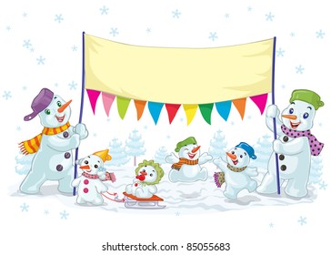Vector illustration, cute snowman and kids, banner concept.