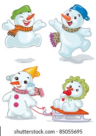 Vector illustration, cute snowman kids, card concept, white background.