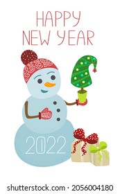 Vector illustration of a cute snowman, New Year tree with a gift box and a greeting lettering. New Year Card 2022. Holiday Greeting Cards