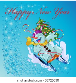 vector illustration, cute snowman on a slay, card concept.
