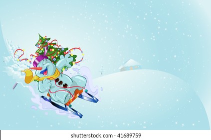 vector illustration, cute snowman on sleigh bringing holidays, banner concept.