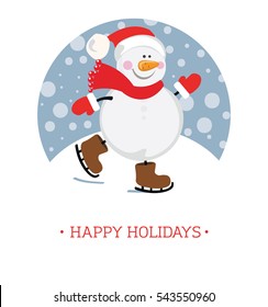 Vector illustration of cute snowman on ski. Cartoon characters. It can be used as a poster, postcard and invitation.
