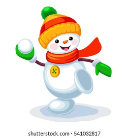 Vector illustration of cute snowman playing snowballs isolated on white background