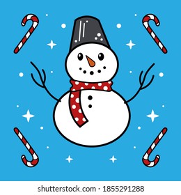 Vector illustration of a cute snowman in a red scarf on a soft blue background with snowflakes, stars and lollipops.  Great for decorating holiday Christmas cards, posters, and other printed products.