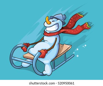 vector illustration of cute snowman with red scarf sledding. Christmas character isolate on dark background