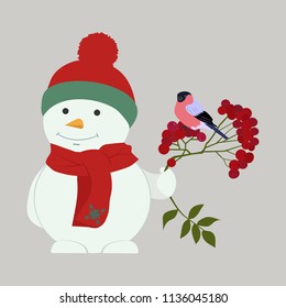 Vector illustration of a cute snowman with a rowan branch and a bullfinch on an isolated background. Template for postcard, poster, logo, icons.