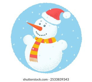 Vector illustration of a cute snowman in Santa hat for winter holidays. Banner of cute snowman for Christmas.