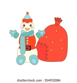 Vector illustration of a cute snowman and a Santa sack. Christmas background.