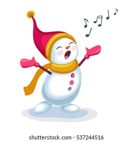 Vector illustration of cute snowman singing a song isolated on white background