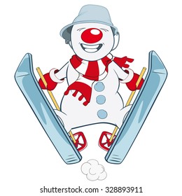 Vector Illustration of Cute Snowman Ski Jumping. Cartoon Character