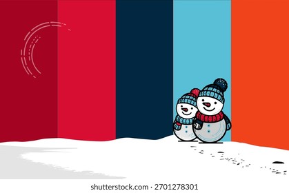 Vector illustration of cute snowmen in winter hats on a striped background. December theme, holiday greeting, Christmas card design, vibrant colors, season