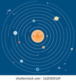 Vector illustration. Cute Solar system with The sun and planets on blue background.