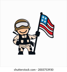 Vector Illustration Of Cute Soldier Cartoon Character With American flag.