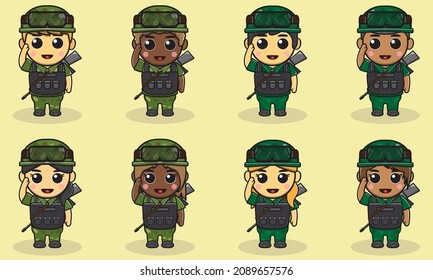 Vektorgrafik von Cute Soldier Cartoon mit Vest und Schusssalat Pose. flacher Cartoon-Charakter-Design. Reihe von Soldaten. Cute Army Cartoon.