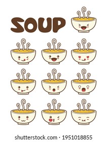 Vector illustration of cute soup characters with different facial expressions