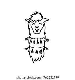 Vector illustration of cute south America lama head with decorations. Isolated outline cartoon baby llama face. Hand drawn Peru animal  guanaco, alpaca, vicuna. Drawing for print, fabric etc