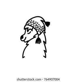 Vector illustration of cute south America lama head in winter hat. Isolated outline cartoon baby llama face. Hand drawn Peru animal guanaco, alpaca, vicuna. Drawing for print, fabric etc