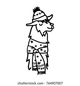 Vector illustration of cute south America lama head in winter hat. Isolated outline cartoon baby llama face. Hand drawn Peru animal guanaco, alpaca, vicuna. Drawing for print, fabric etc