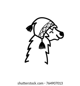 Vector illustration of cute south America lama head in winter hat. Isolated outline cartoon baby llama face. Hand drawn Peru animal guanaco, alpaca, vicuna. Drawing for print, fabric etc