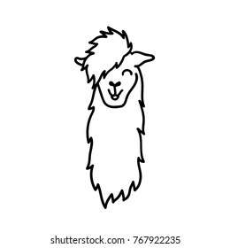 Vector illustration of cute south America lama head. Isolated outline cartoon baby llama face. Hand drawn Peru animal guanaco, alpaca, vicuna. Drawing for print, fabric, textile, poster etc