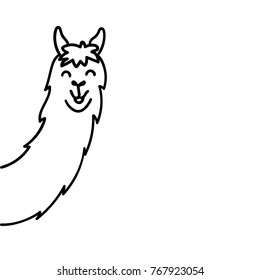 Vector illustration of cute south America lama head. Isolated outline cartoon baby llama face. Hand drawn Peru animal guanaco, alpaca, vicuna. Drawing for print, fabric, textile, poster etc