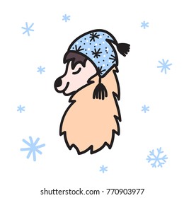 Vector illustration of cute south America lama head in winter hat. Isolated outline cartoon baby llama face. Hand drawn Peru animal guanaco, alpaca, vicuna. Drawing for print, fabric etc