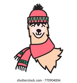 Vector illustration of cute south America lama head in winter hat. Isolated outline cartoon baby llama face. Hand drawn Peru animal guanaco, alpaca, vicuna. Drawing for print, fabric etc