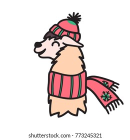 Vector illustration of cute south America lama head in winter hat. Isolated outline cartoon baby llama face. Hand drawn Peru animal guanaco, alpaca, vicuna. Drawing for print, fabric etc