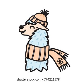 Vector illustration of cute south America lama head in winter hat. Isolated outline cartoon baby llama face. Hand drawn Peru animal guanaco, alpaca, vicuna. Drawing for print, fabric etc