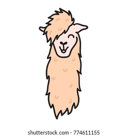 Vector illustration of cute south America lama head. Isolated outline cartoon baby llama face. Hand drawn Peru animal guanaco, alpaca, vicuna. Drawing for print, fabric, textile, poster etc.