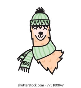 Vector illustration of cute south America lama head in winter hat. Isolated outline cartoon baby llama face. Hand drawn Peru animal guanaco, alpaca, vicuna. Drawing for print, fabric etc
